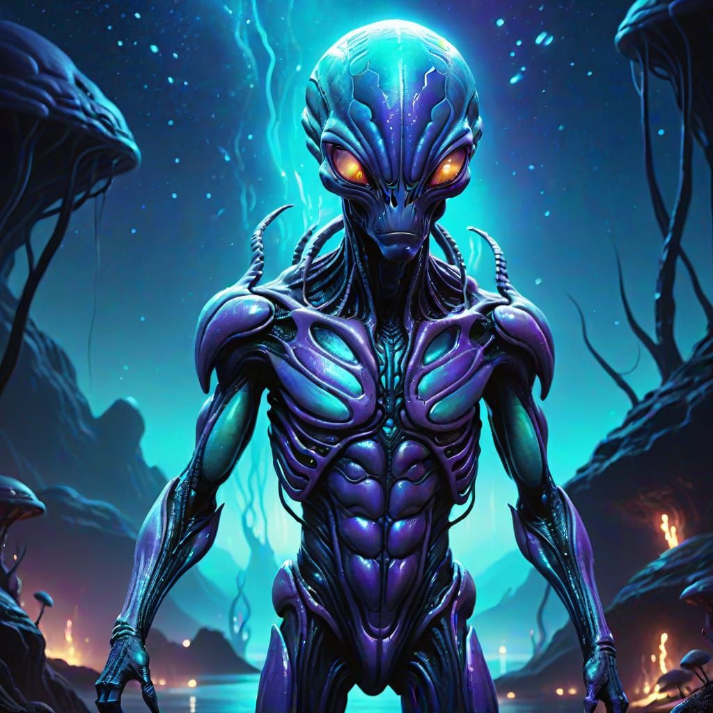 Chitin Alien in Moody Bioluminescent Sci-Fi Landscape