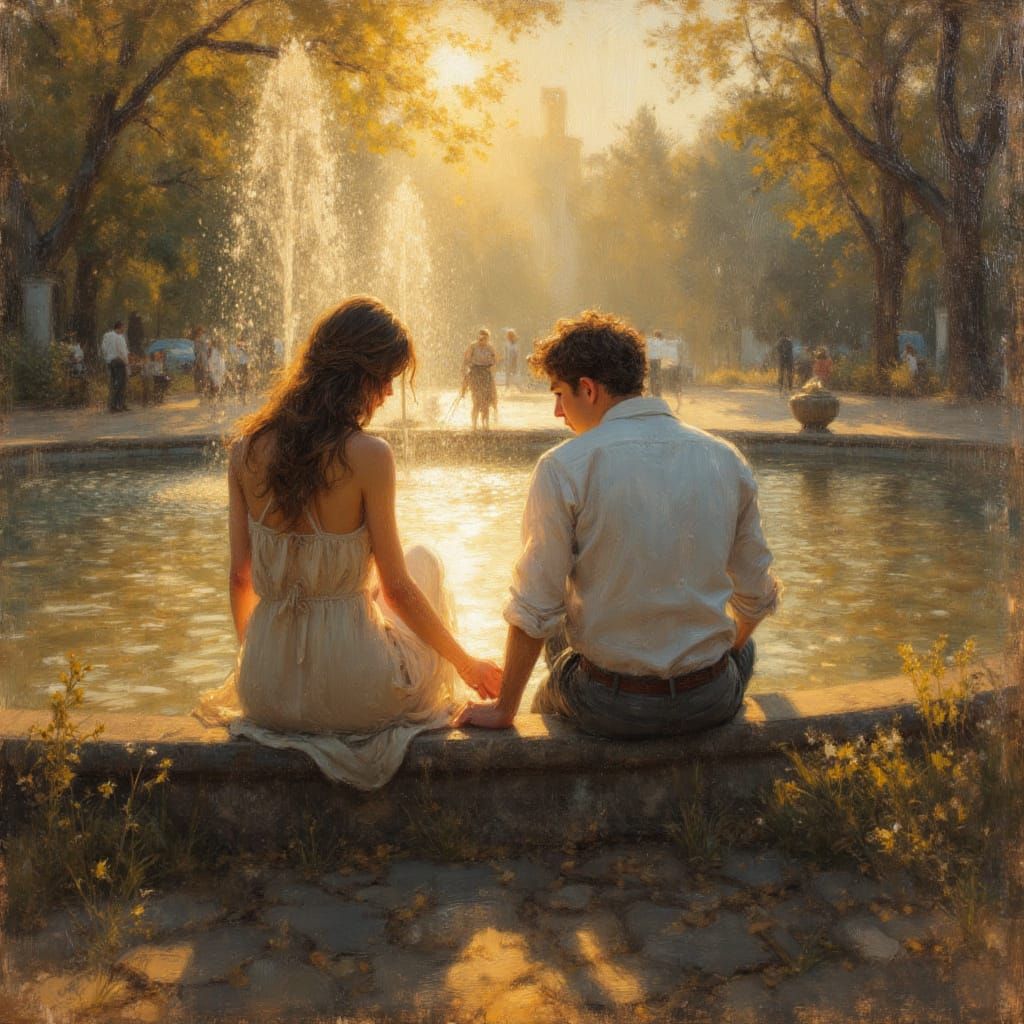 Lovers by Fountain: Impressionist Golden Hour Painting