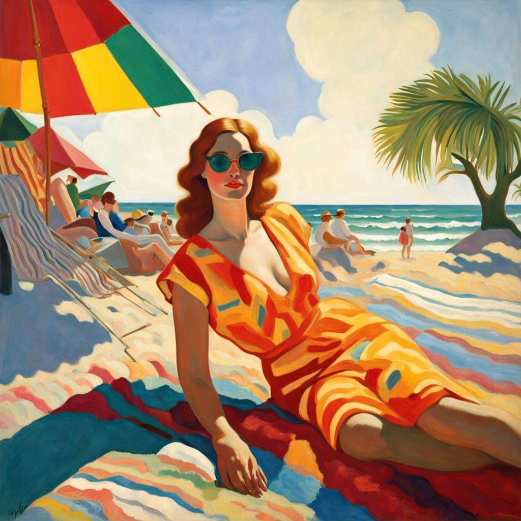 Woman Reclining on a Sun-Kissed Beach in Dreamy Impressionis...