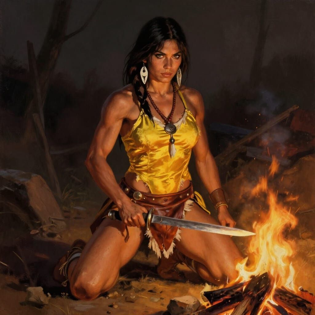 Muscular Native American Warrior Woman by Campfire