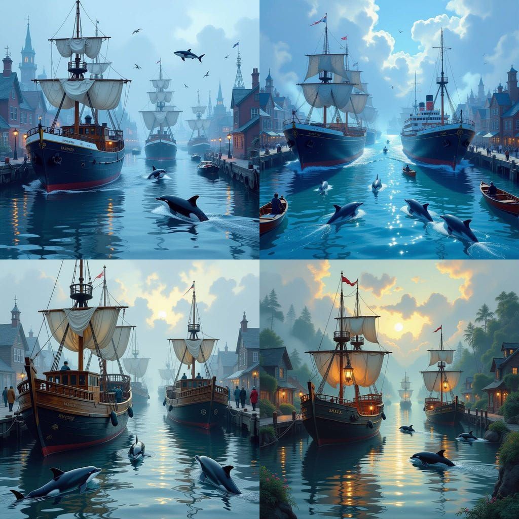 Whale Ships in Domestication Harbor, Detailed Fantasy