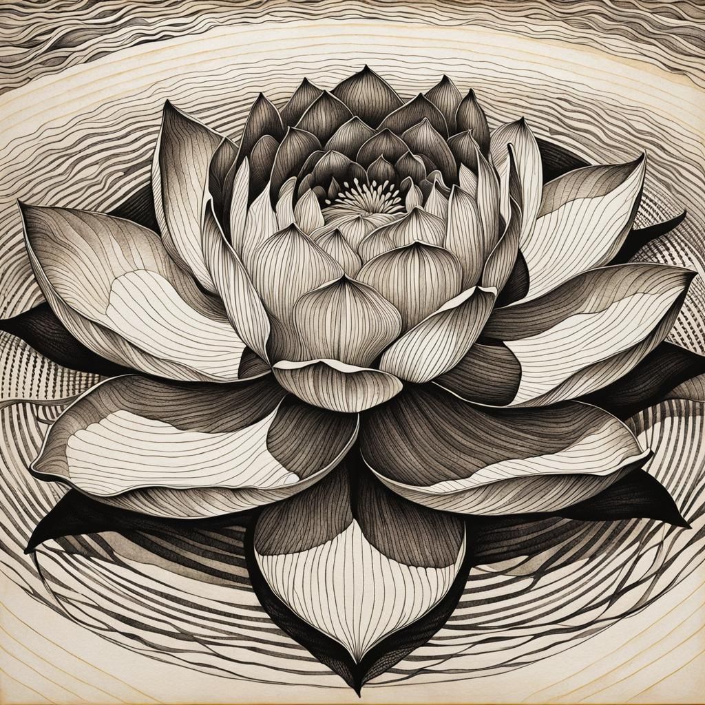 Intricate Lotus Flower Ink Drawing on Parchment