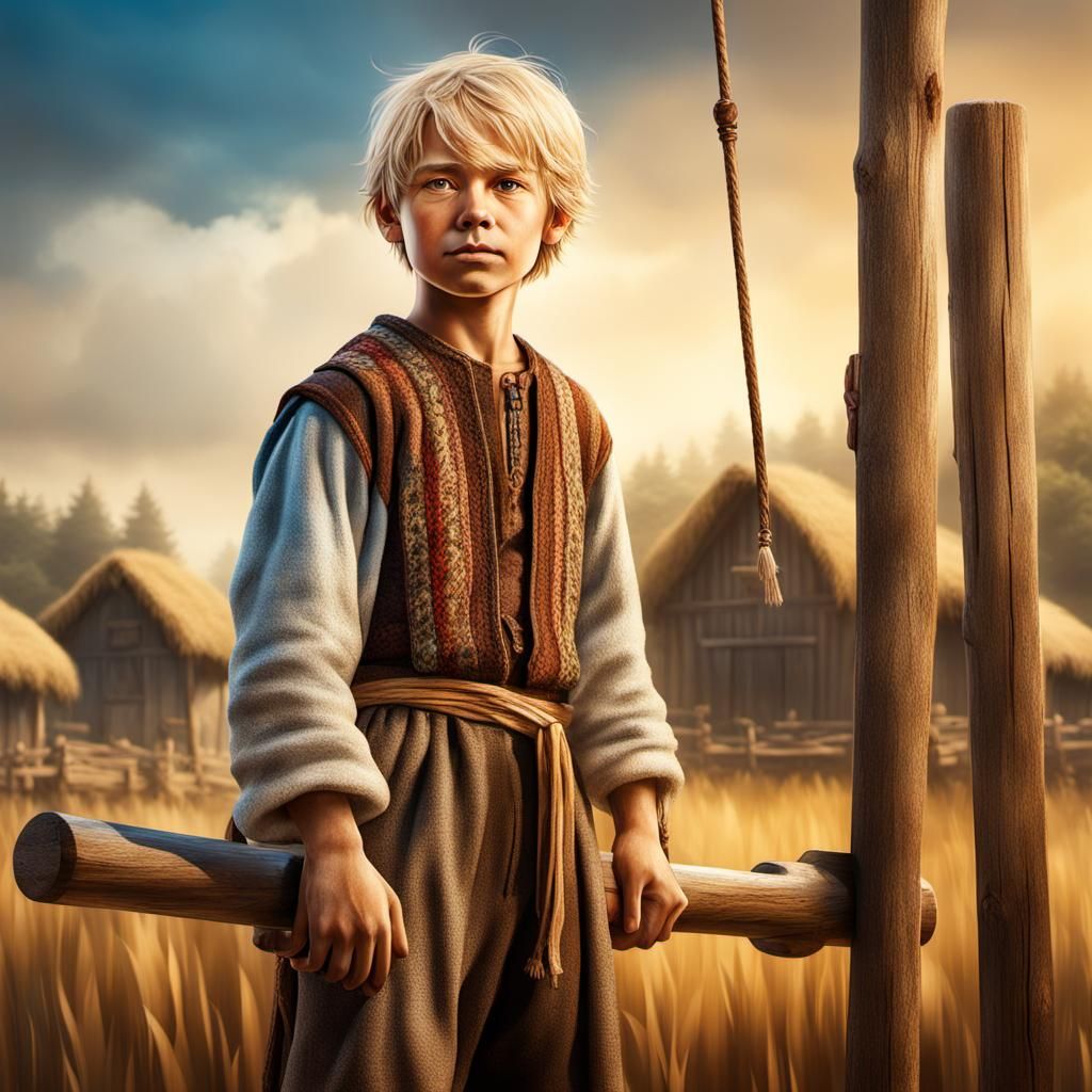 Boy Shepherd on Stilts: Hyperrealistic Concept Art