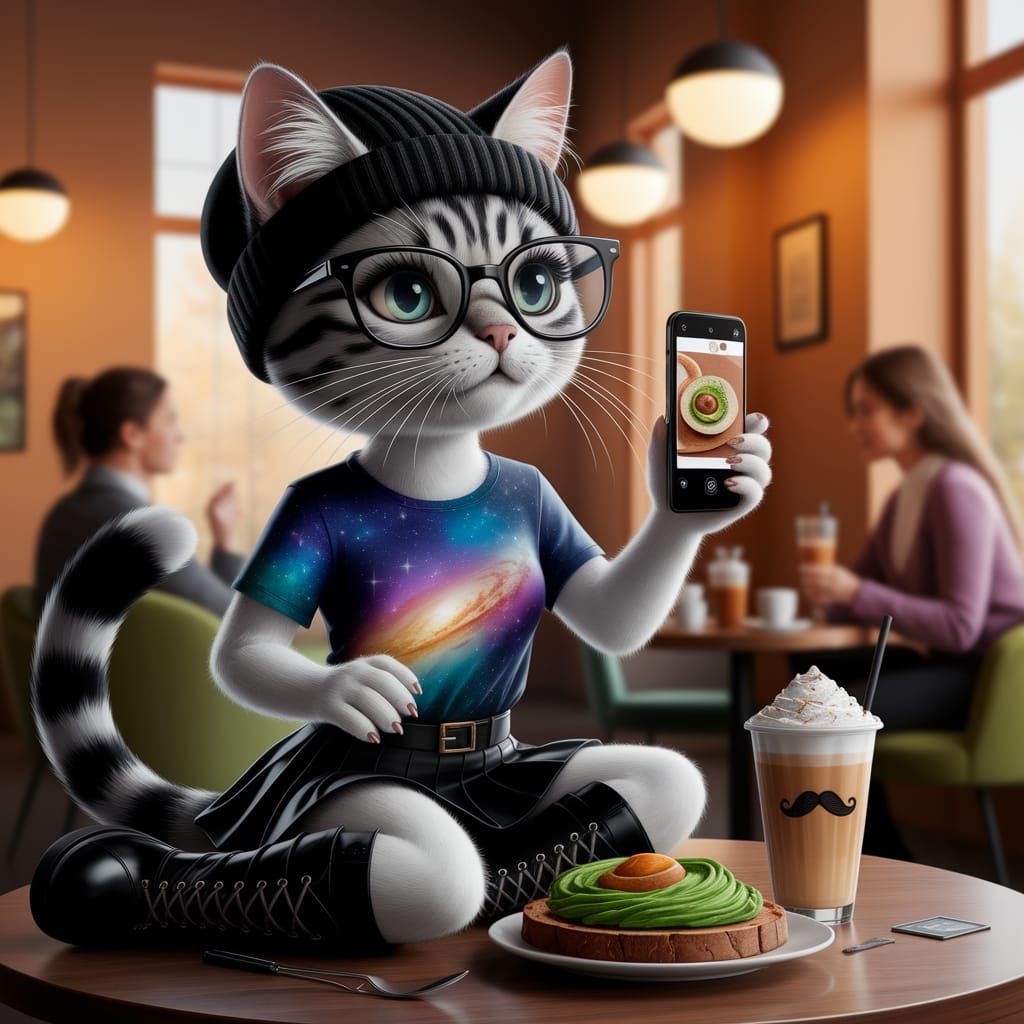 Hipster Cat's Instagram Moment in Cozy Café