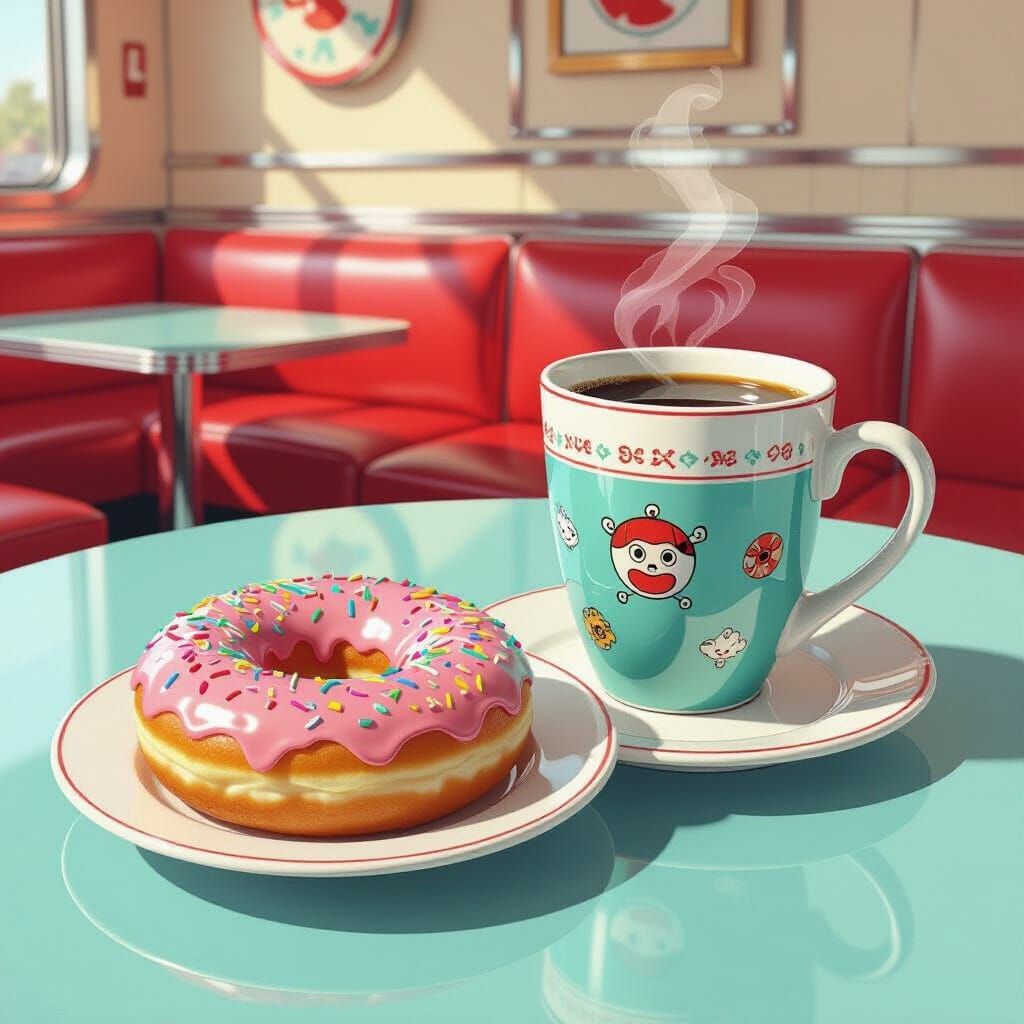 Glazed Donut and Coffee in Comic Hyperrealism