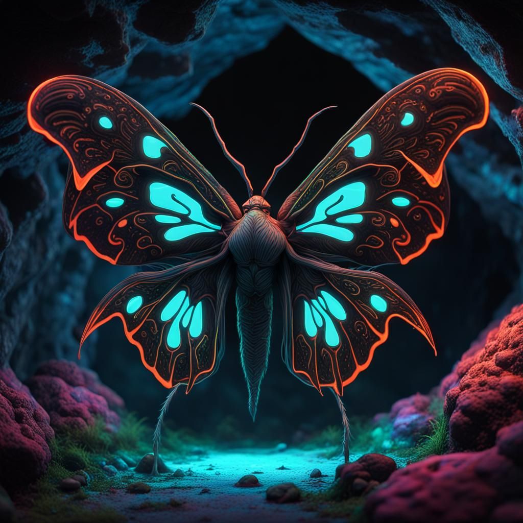 Bioluminescent Moths in a Neon Lit Cave