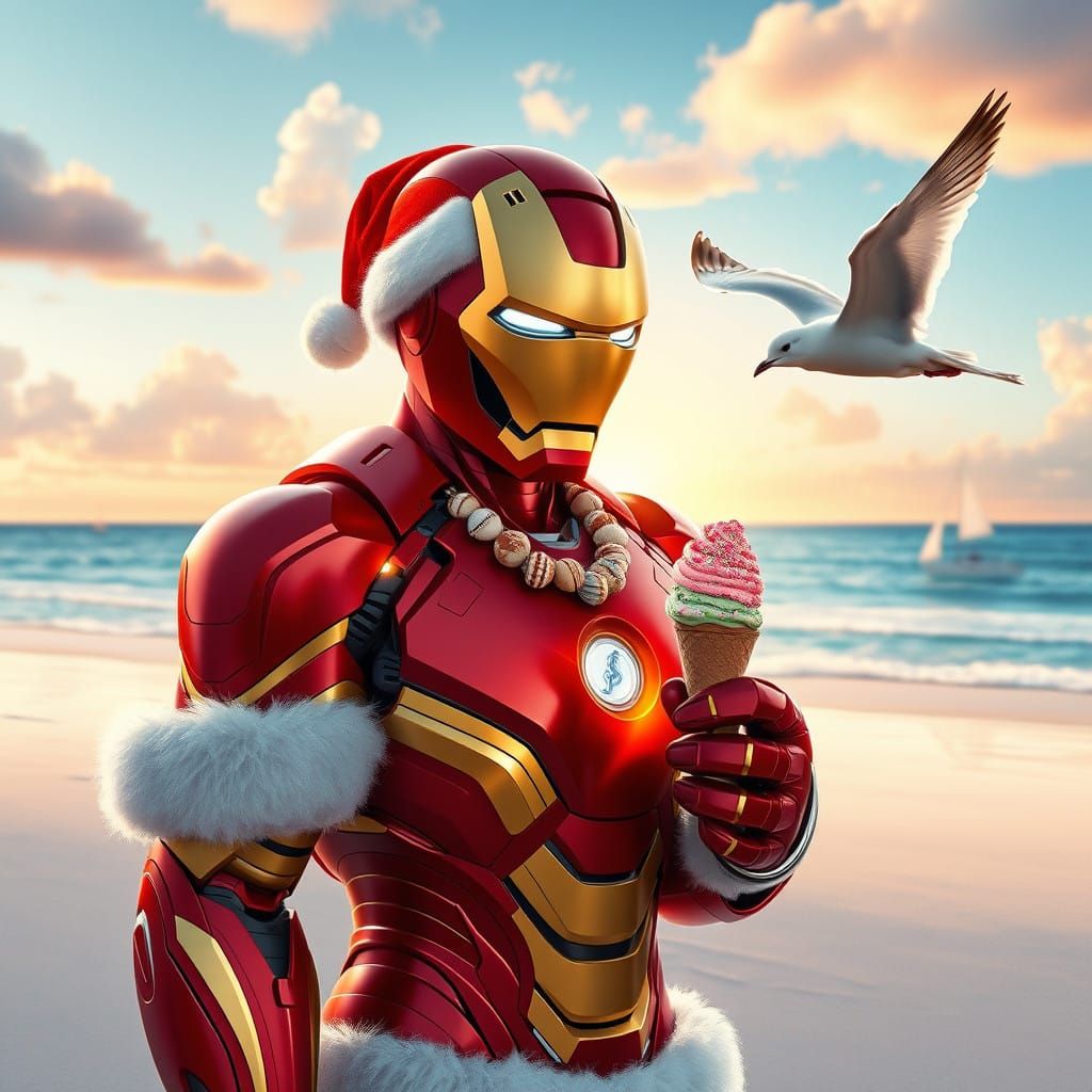 Ironman in a Santa Claus Suit on a Whimsical Beachscape