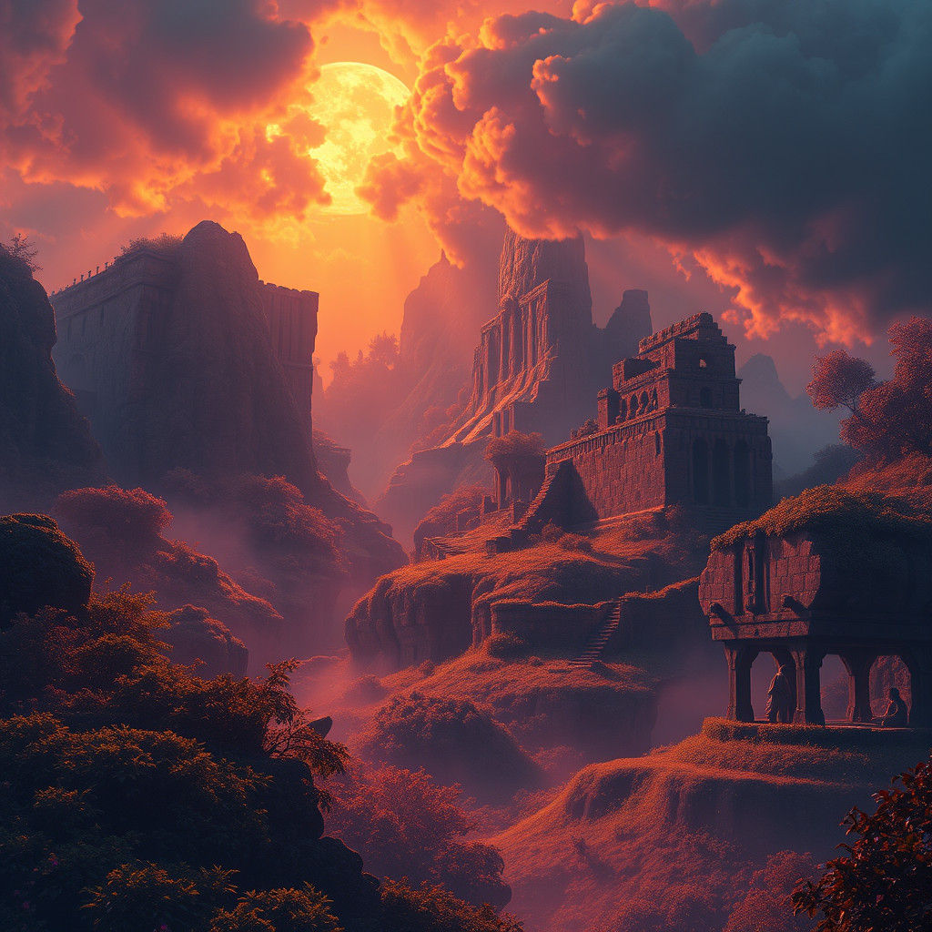 Mystical Golden Landscape with Ancient Ruins and Ethereal Gl...