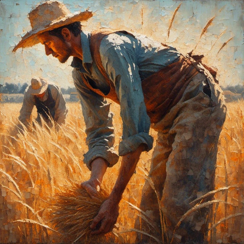Farmer Harvesting: Oil Painting with Craquelure Effect