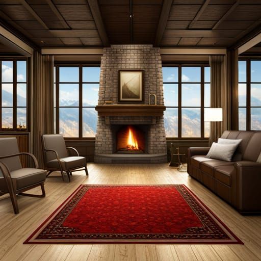 Red rugs and a fireplace in a rustic cabin, traditional, cozy, woodsy, nostalgic, oil painting rendering, rustic, charmi...