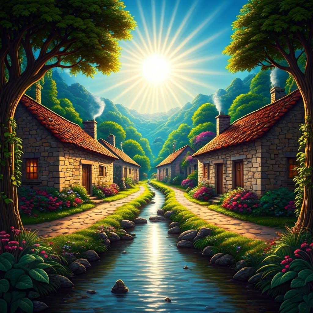 Idyllic Village Scene in Vibrant Holographic Style