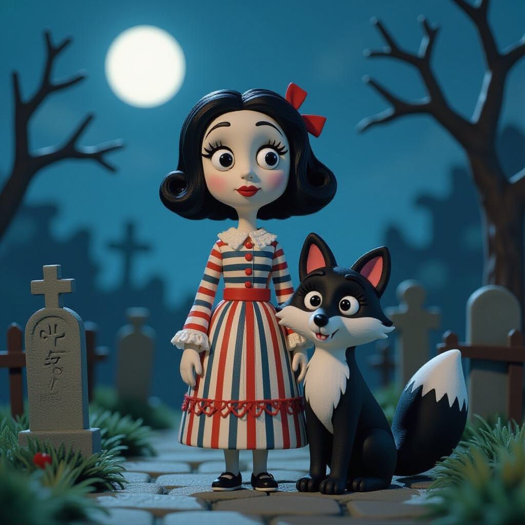 Claymation Asian Girl & Fox in Moonlit Cemetery