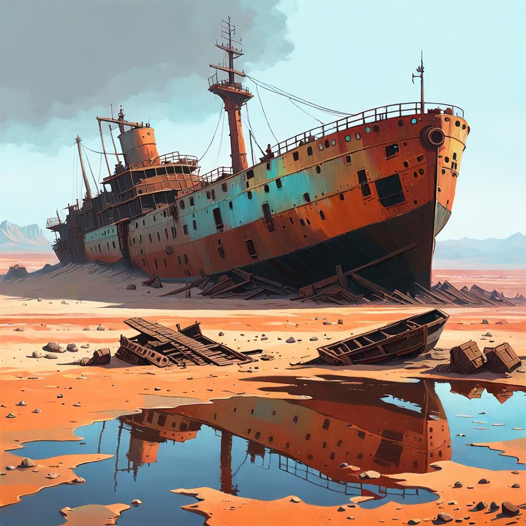 Surreal Desert Shipwreck: Matte Oil Painting