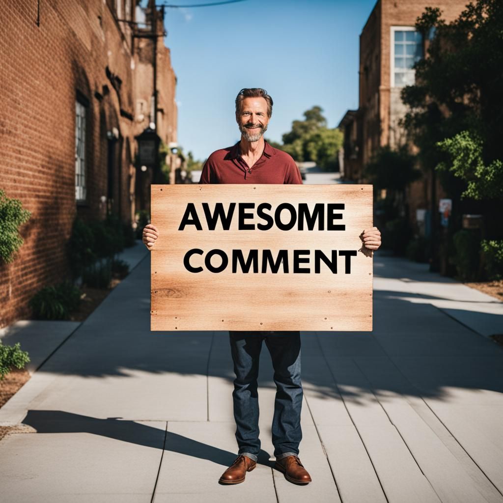 Man Holding Rustic Sign with Awesome Comment