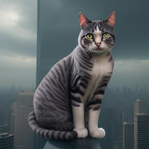 Hyperrealistic Cat Perched on Skyscraper