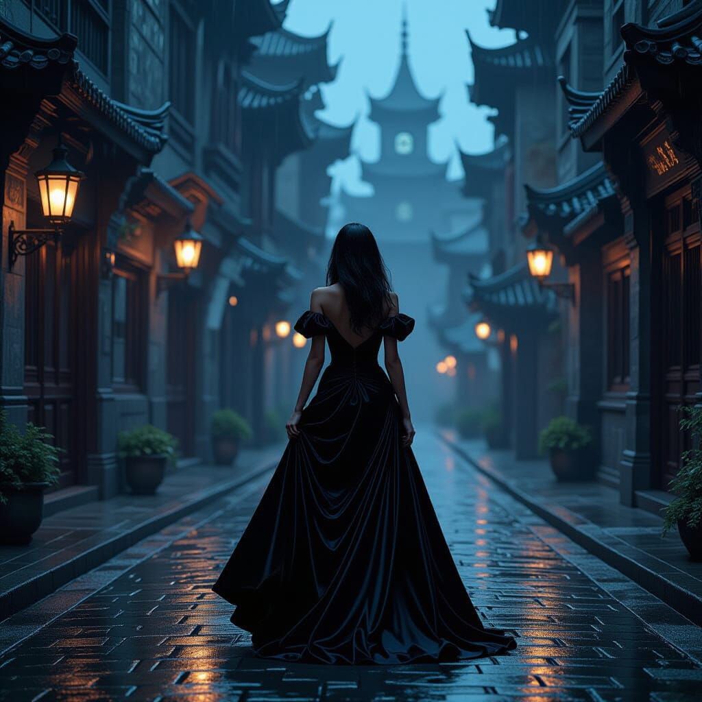 Gothic City Scene: Japanese Woman in Velvet Gown