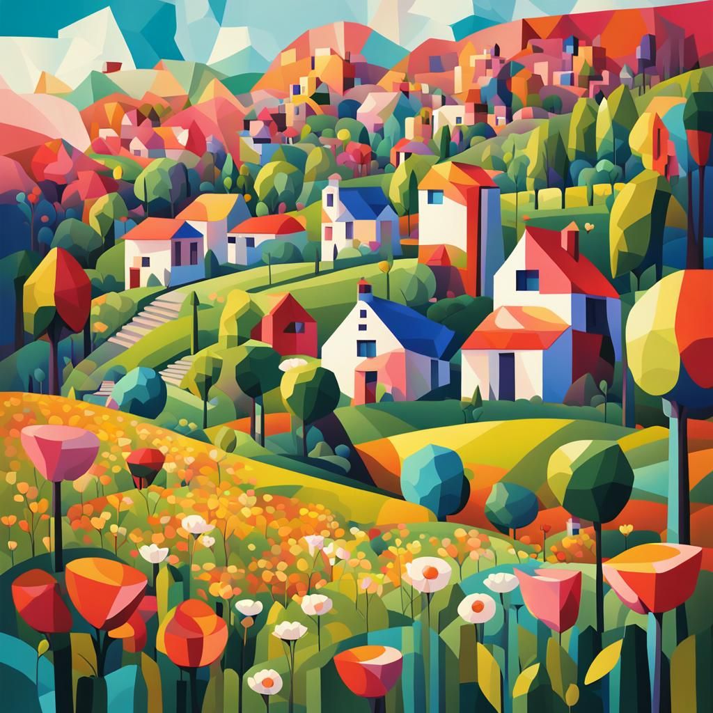 Spring Village Scene in Geometric Fauvism Style