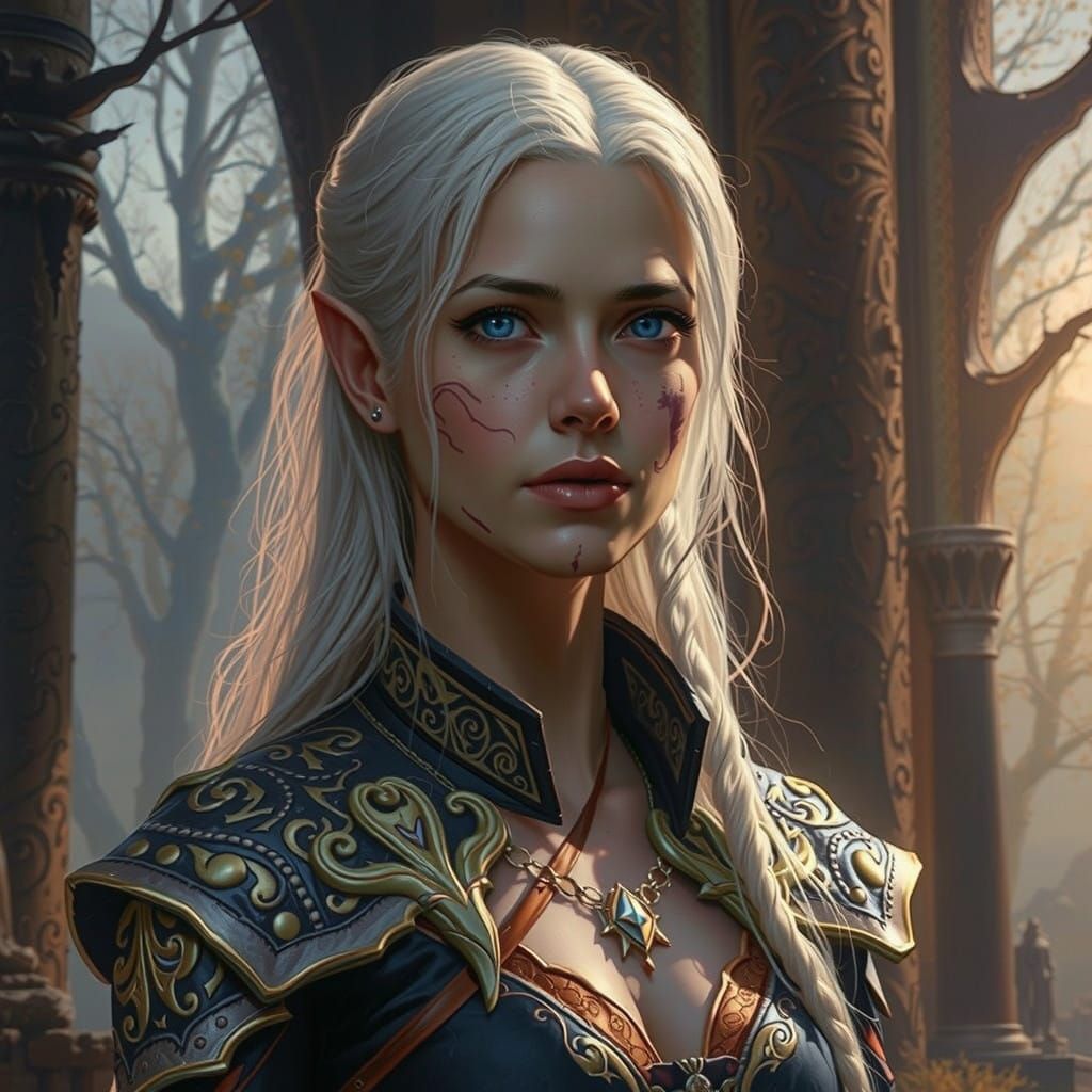 Ethereal Dark Fantasy Elf Woman with Worn Elegance