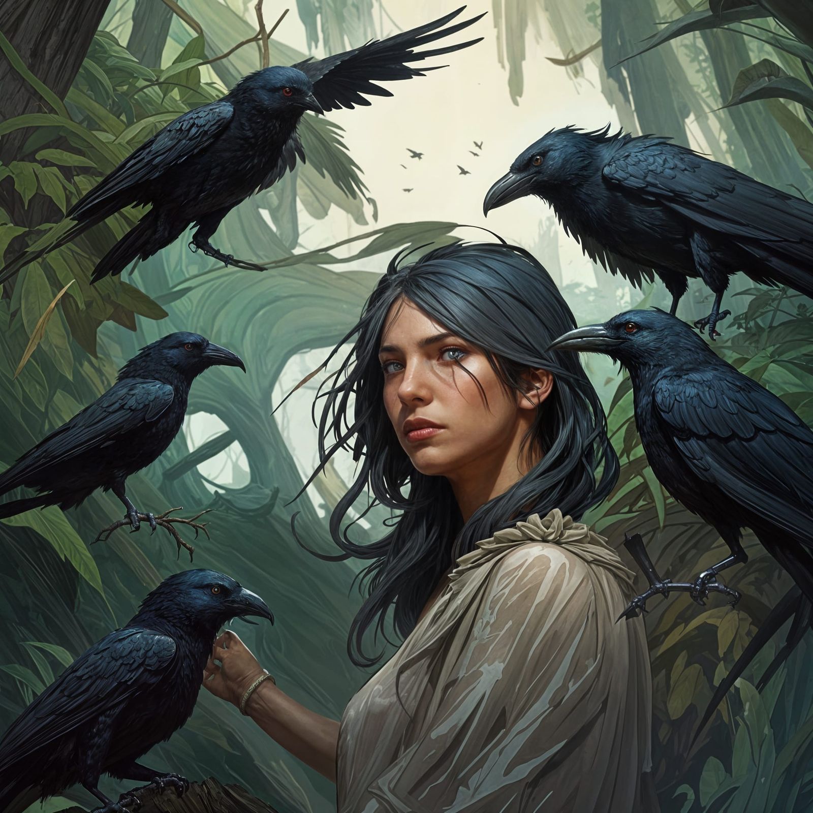 Vibrant Jungle Crow Queen in Comic Art Style