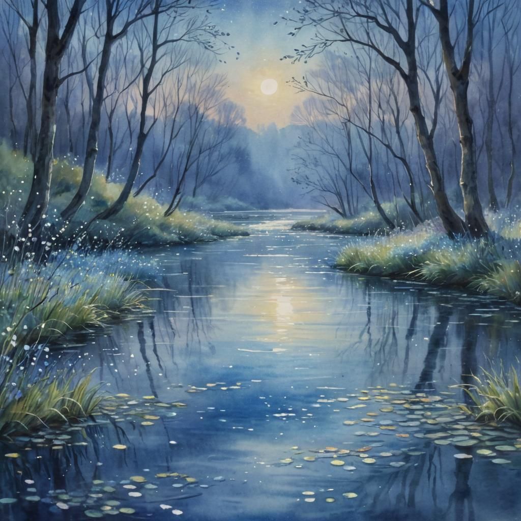 Glowing River in Starry Landscape, Watercolor Style