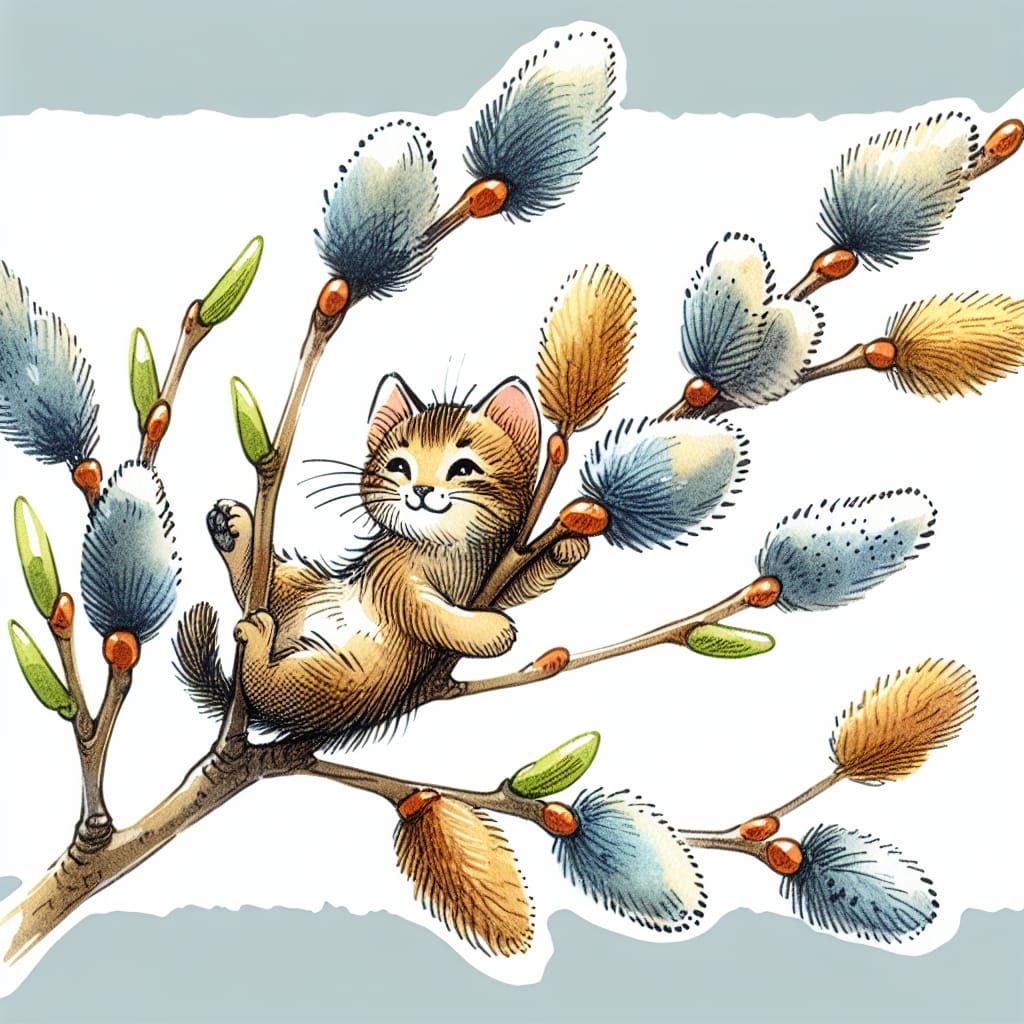 Whimsical Watercolor Willow Branch with Cat Catkins