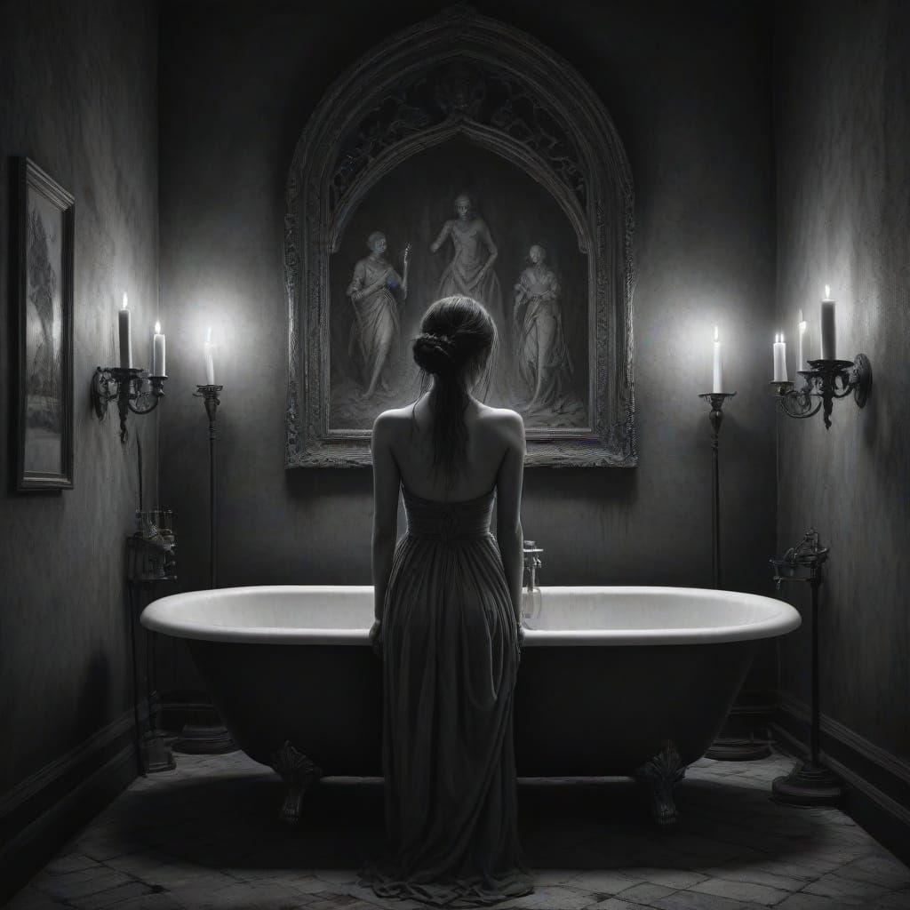 A hyperdetailed charcoal drawing of a gothic girl getting ready to have a bath in a gothic bathroom with an old style ba...
