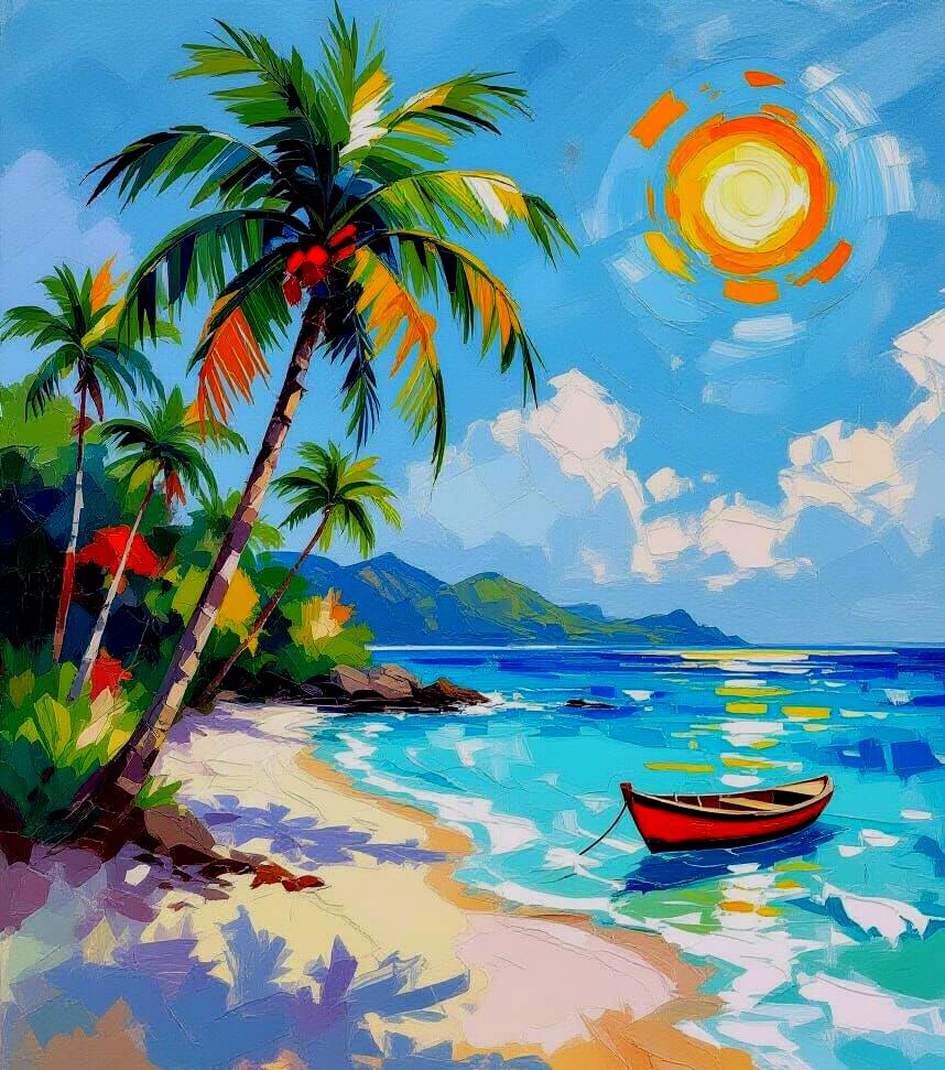 Tropical Island Bliss in Gouache Watercolor Style