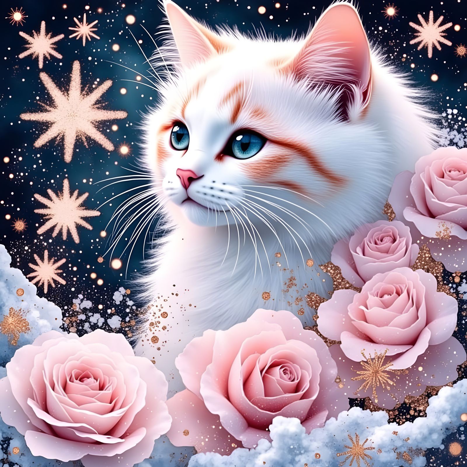 Glittering Tabby Cat in Snowy Rose Garden