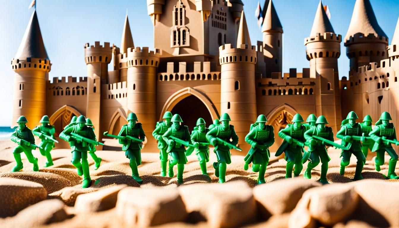 Toy Soldiers Attack Sandcastle Fortress on Beach