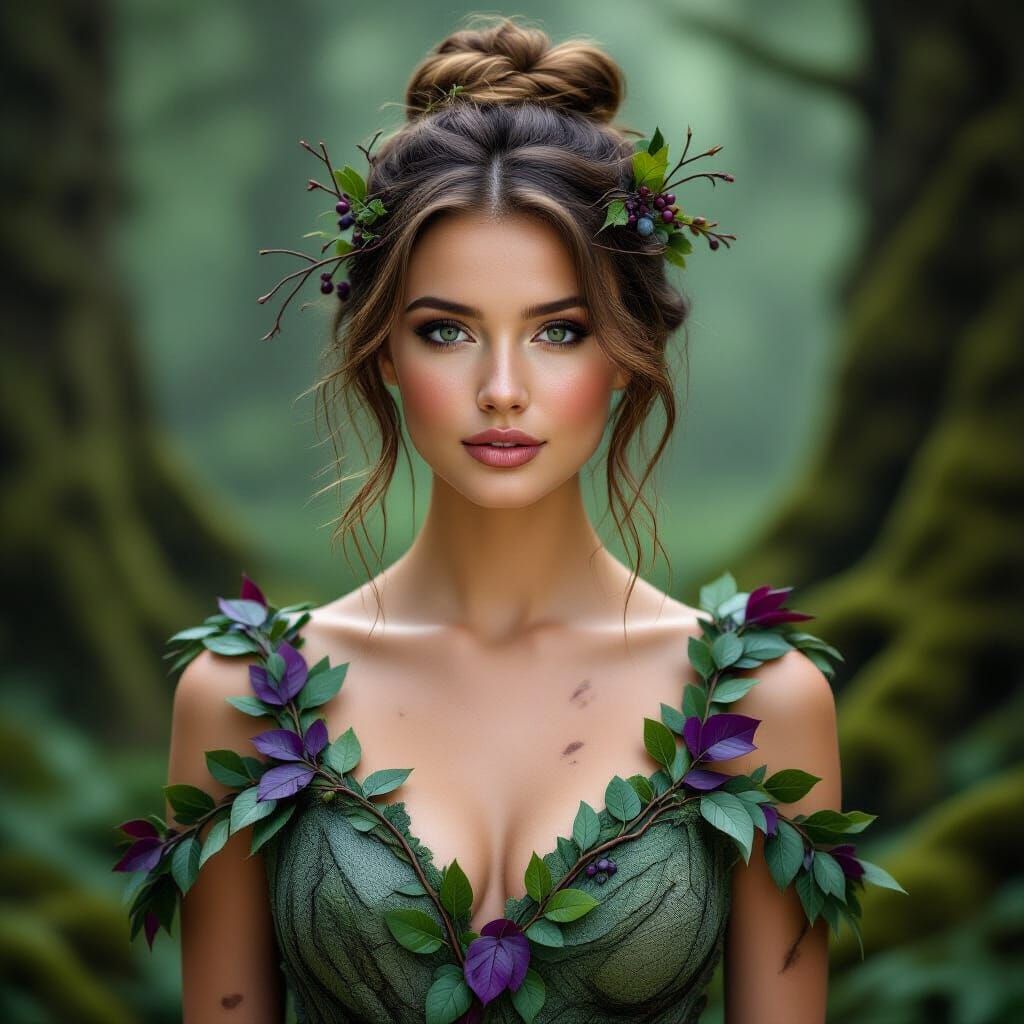 Nature-Inspired Portrait: Woman with Twigs, Leaves, and Berr...