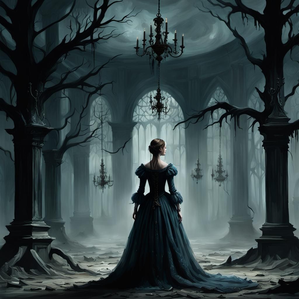 Dark Victorian Gothic Woman in Abandoned Ballroom