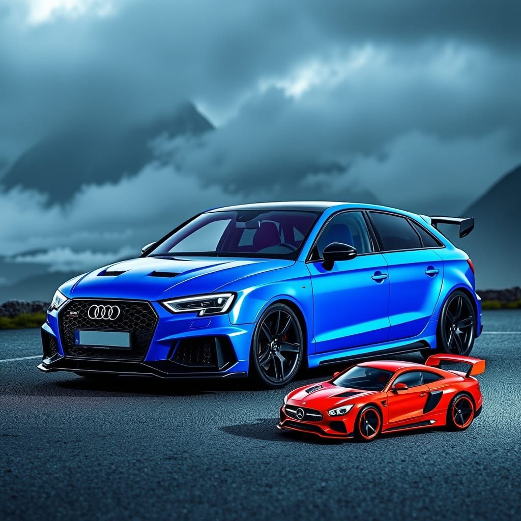 Neon Blue Audi RS 3 Sportback in Cyberpunk Bergen Landscape