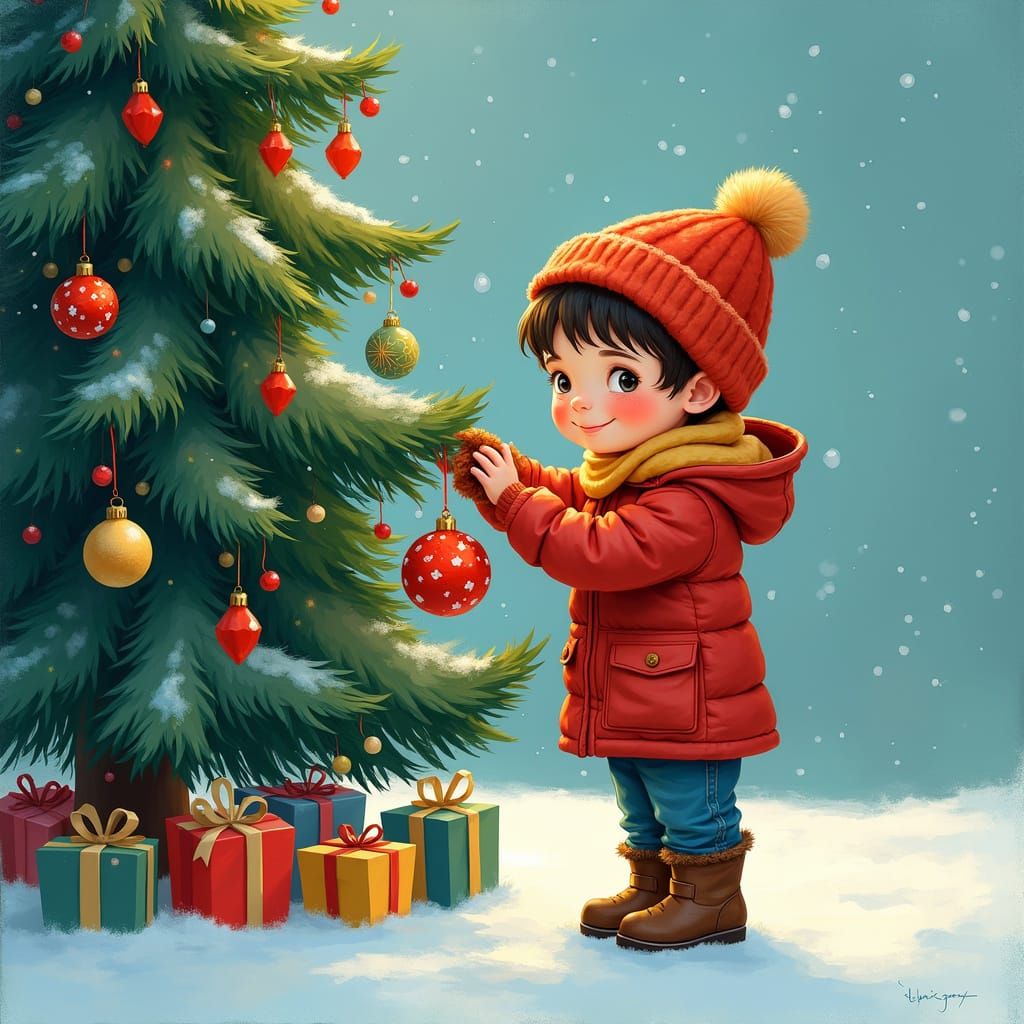 Comedic Hyperrealistic Child Decorating Christmas Tree