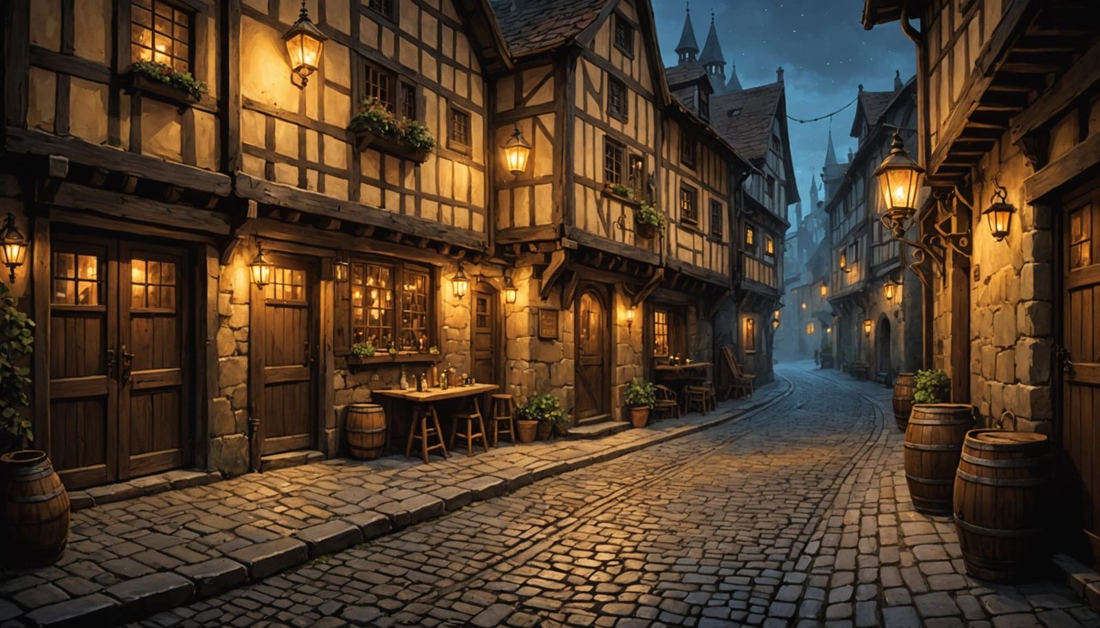 Medieval Tavern Alley at Night: Painterly Illustration