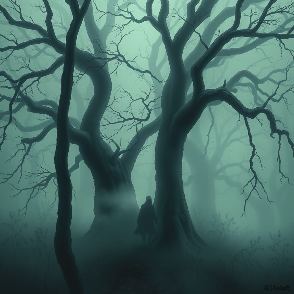 Mysterious Figure in Misty Forest: Japanese Art Style