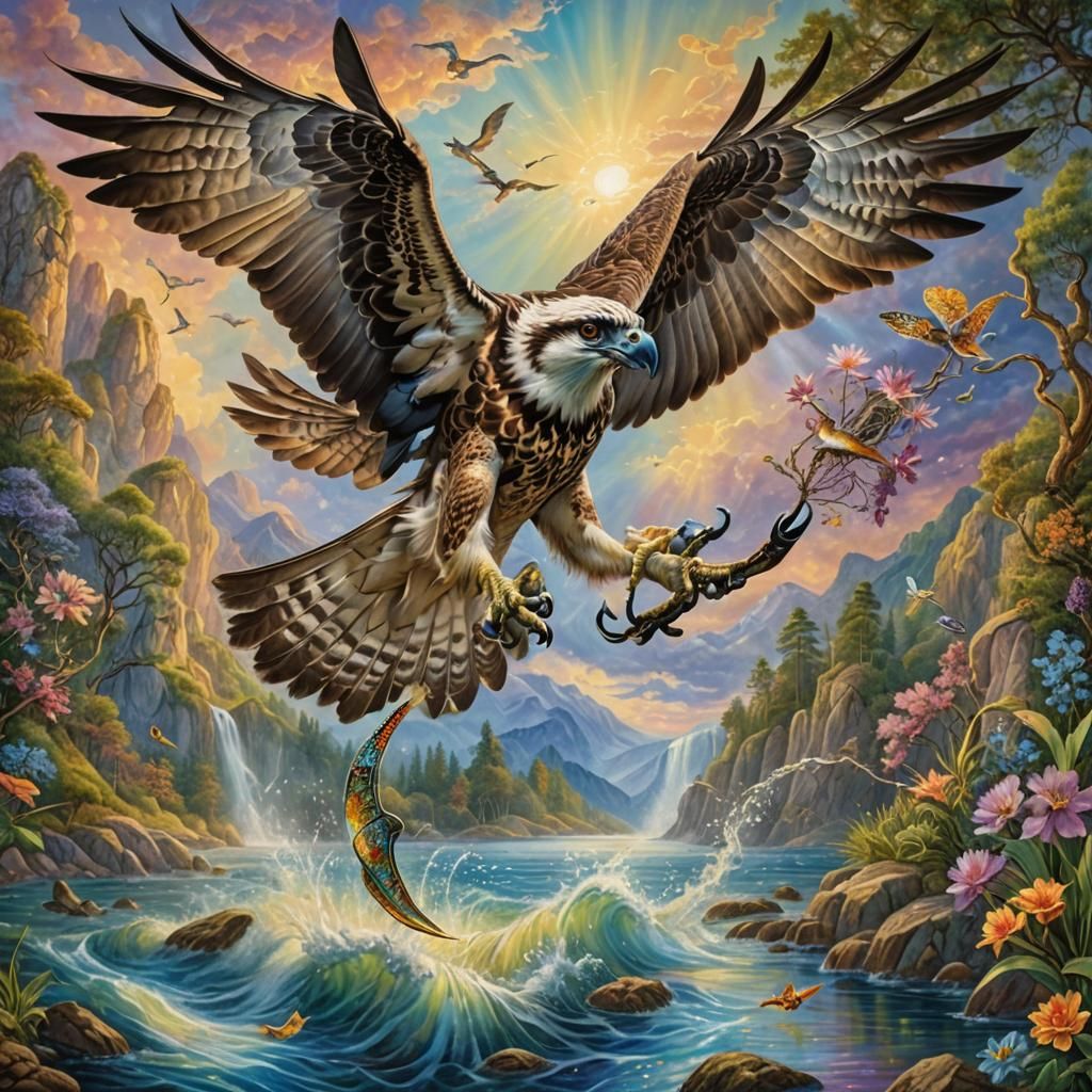 Osprey Captures Fish in Flight, Surrealist Style