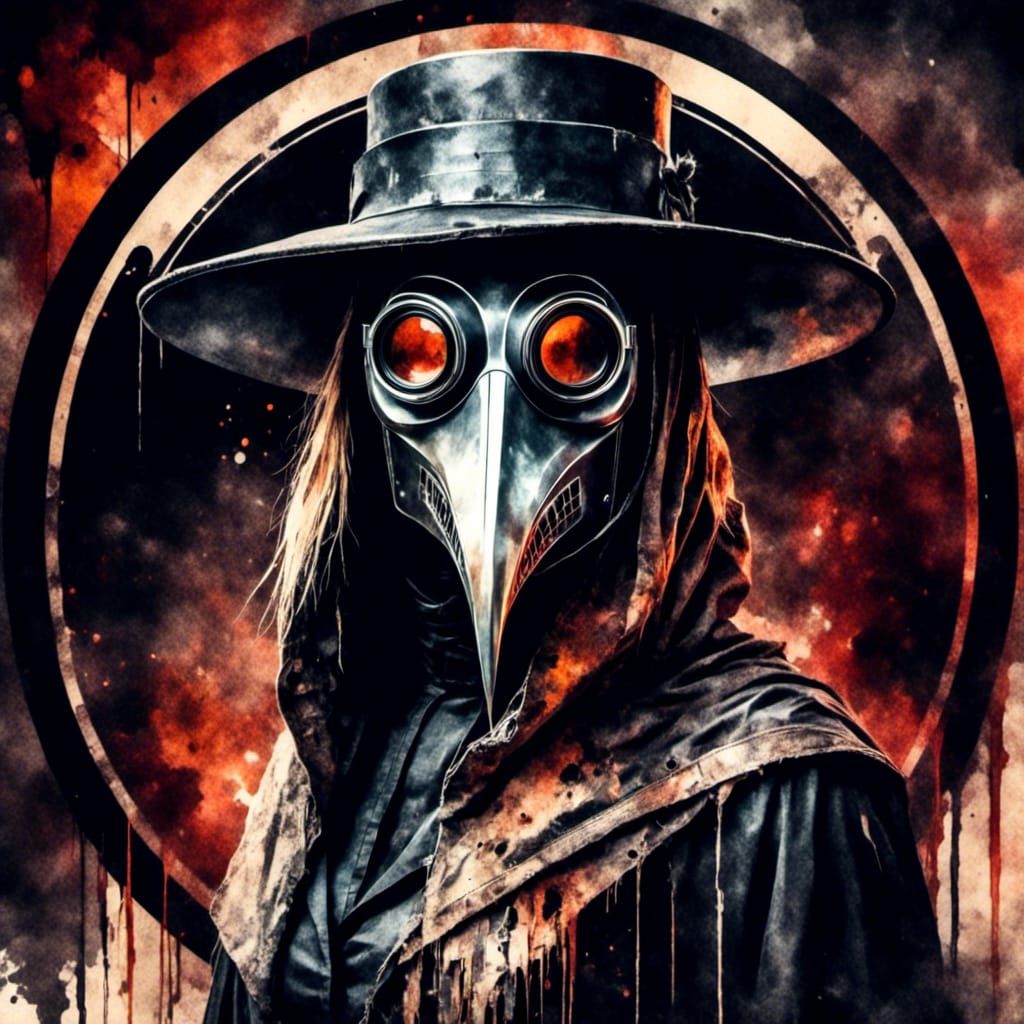 Watercolor Plague Doctor in Horror Film Style