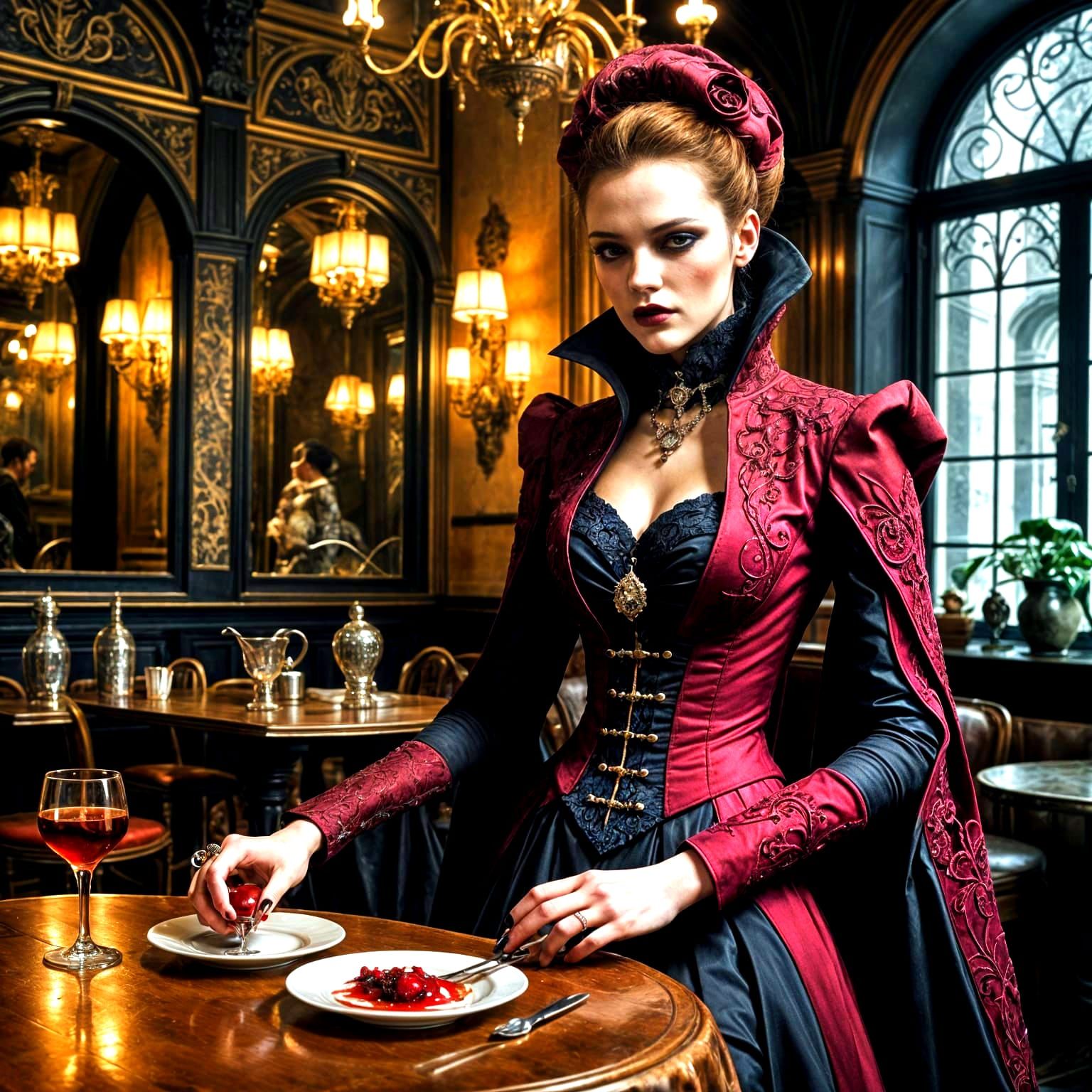 Stylish Vampire Sips Artisanal Blood at Haute Couture Café