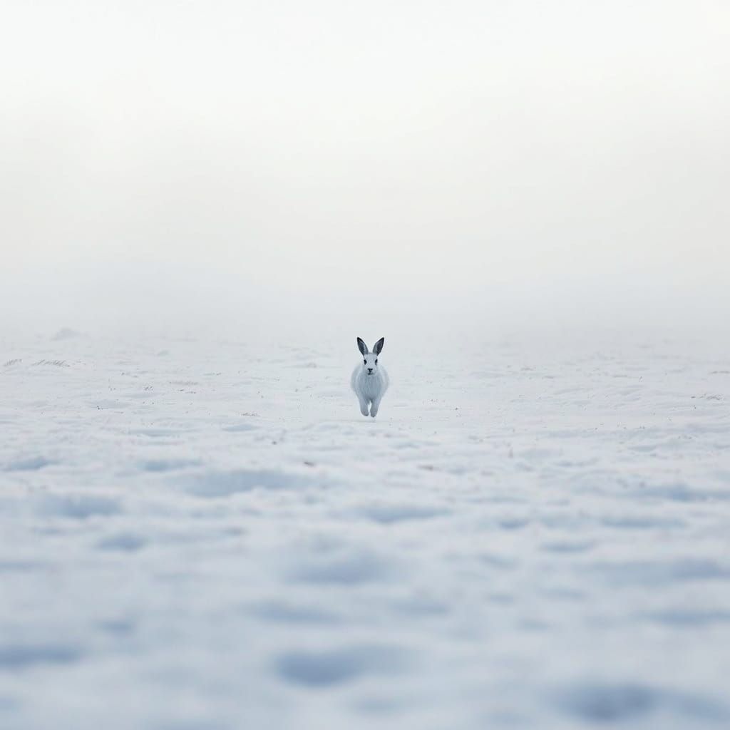 Hare Runs Through Icy Fog in Winter Landscape