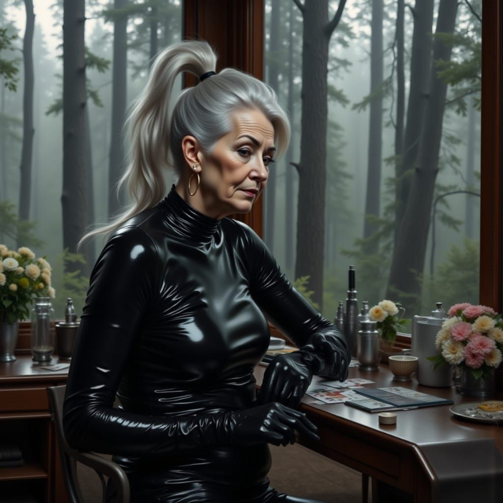 Elegant Elderly Woman in Metallic Latex Plays Solitaire