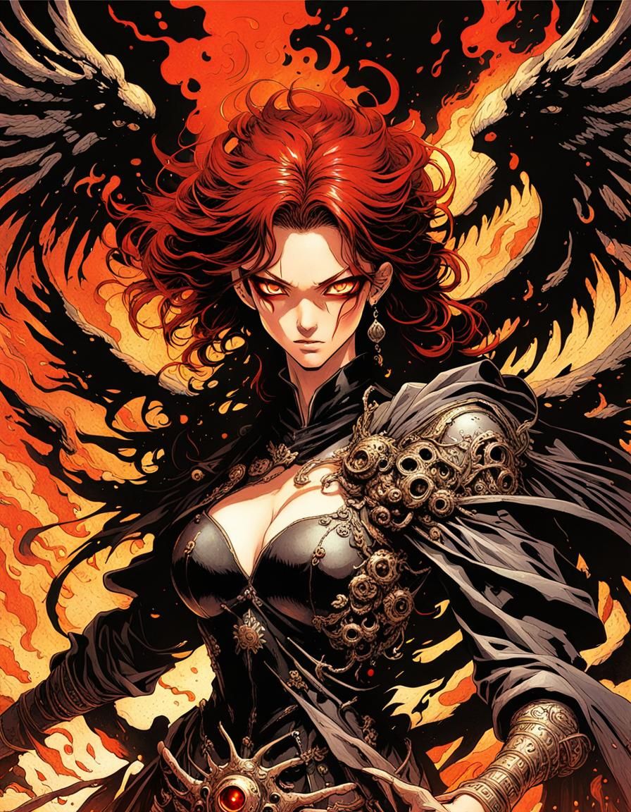 1995’ anime video game by Katsuya Terada , Dan Munford, A beautiful, angry, androgynous female fallen angel with withere...