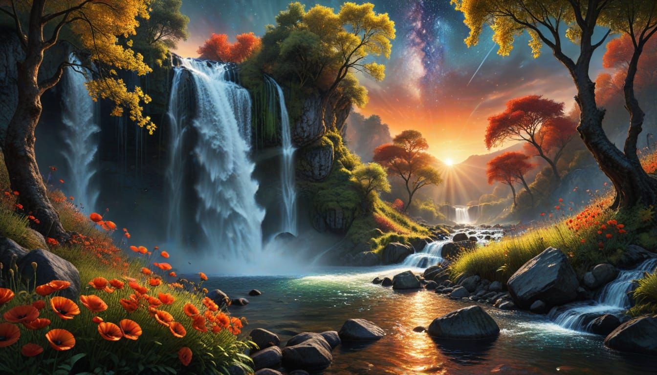 Summer to Autumn Waterfall Split Landscape