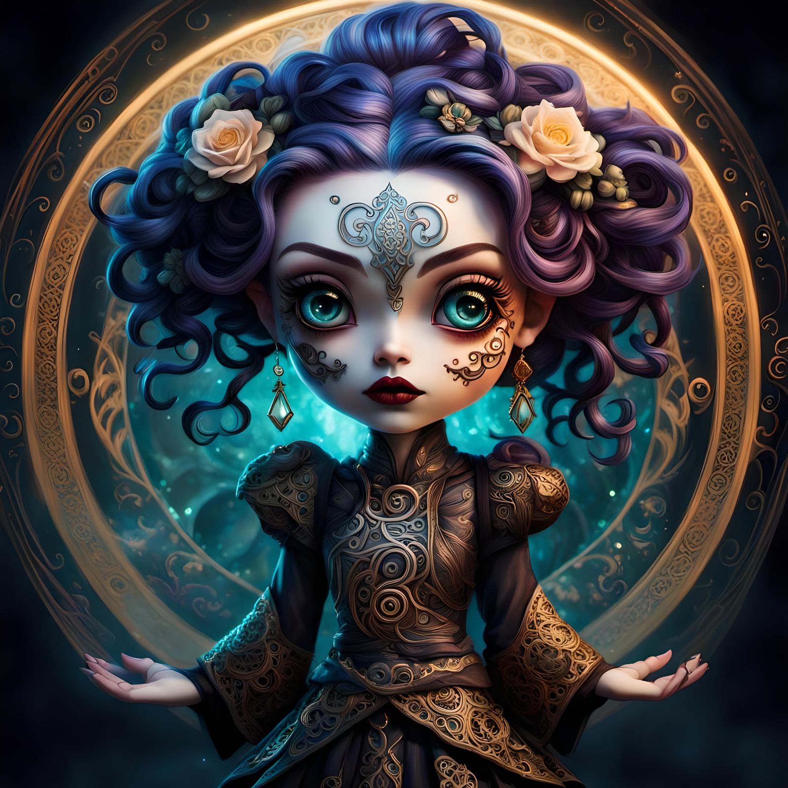 Mysterious Chibi Female Portrait in Tim Burton Style