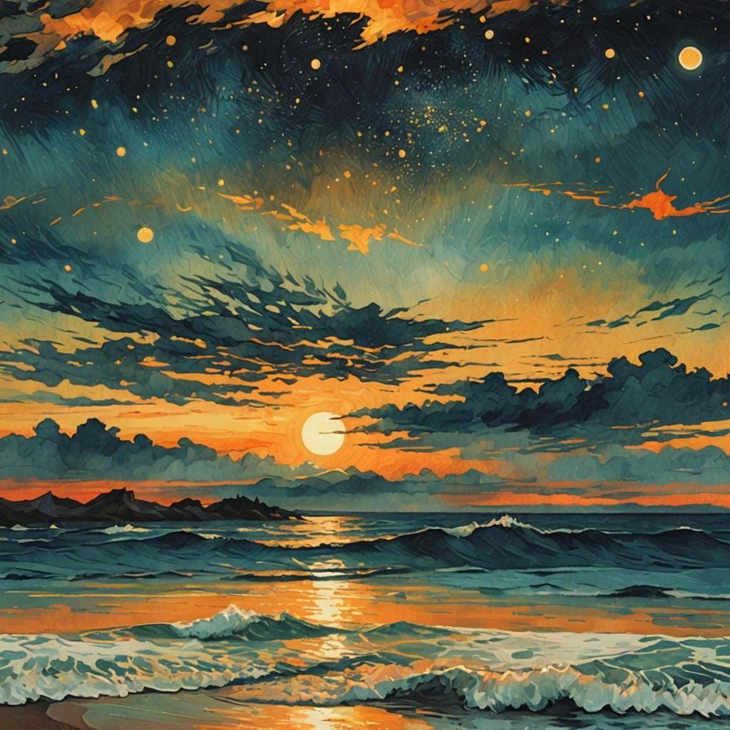 Sunset Over Ocean in Dreamscape Acid Ink Style