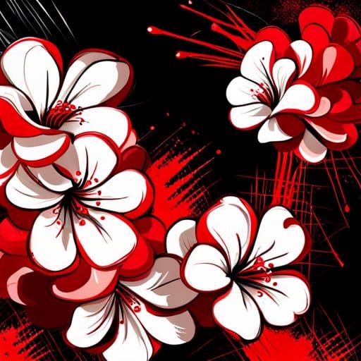 Stylized Graffiti Art of Red and White Sakura Flowers