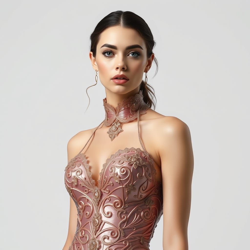 Hyperrealistic Woman in Shimmering Latex Gown