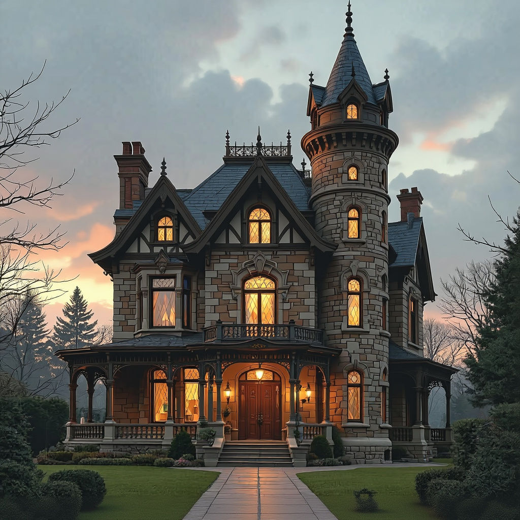 Victorian House with Tower in Realistic Style