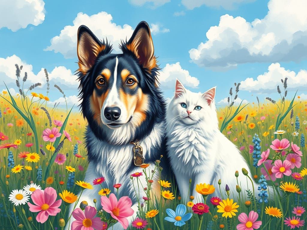 Irish Wolfhound and Cat in Floral Meadow
