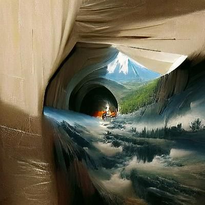 Secret Tunnel Through Mountain: Oil Painting