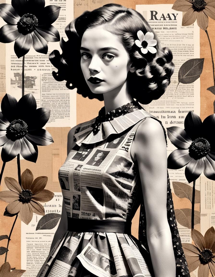 Vintage Collage Art of Woman in Newspaper Dress